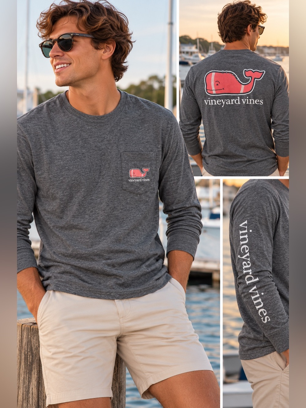 Vineyard Vines Charcoal Long-Sleeve Pocket Tee with Red Whale